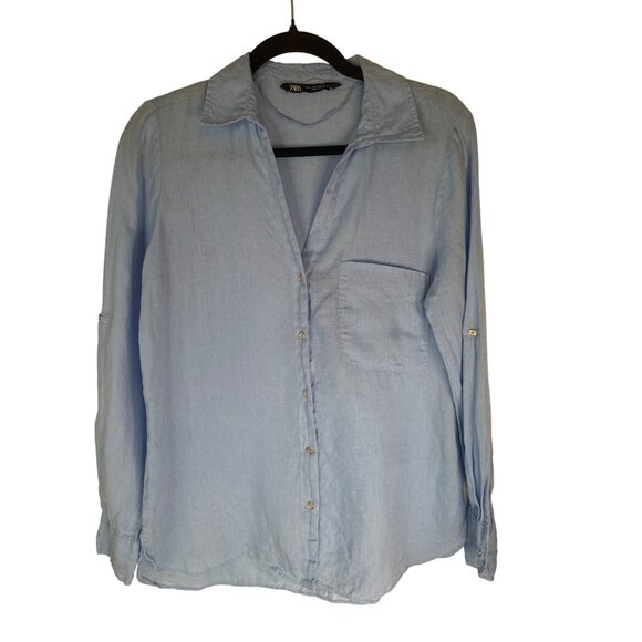 2/$30 ZARA Womens Light Blue Linen Button-Up Long Sleeve Shirt - Picture 6 of 10
